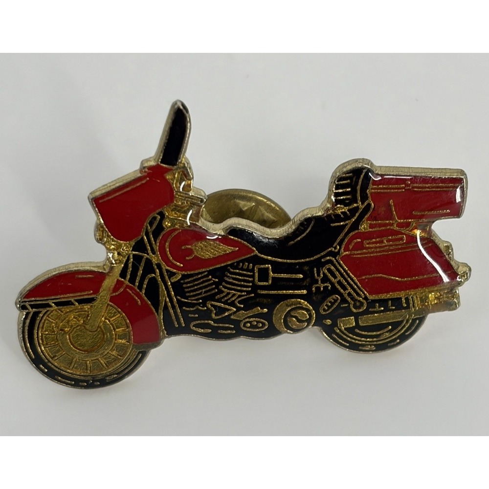 Vintage 1987 Red Black Motorcycle Biker Touring Lapel Hat Pin Gold Enamel